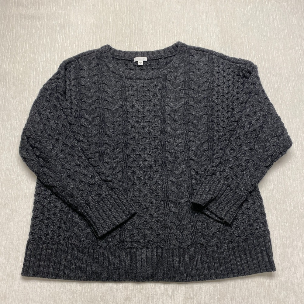 J Jill Lambswool Fisherman Sweater XL Gray Cable Knit Crew Neck Cozy Warm Ski